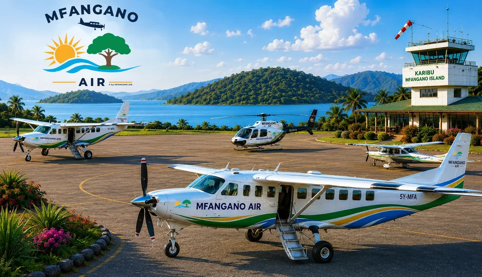 Mfangano Air aircraft and helicopter at Mfangano Island airstrip, Lake Victoria